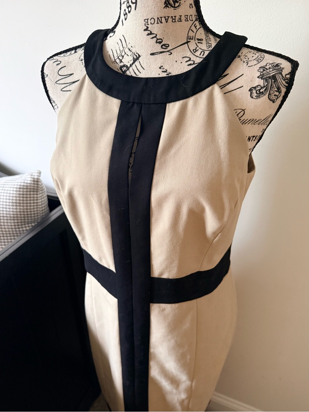 White House Black Market Classic Beige and Black Sleeveless Midi Sheath Dress